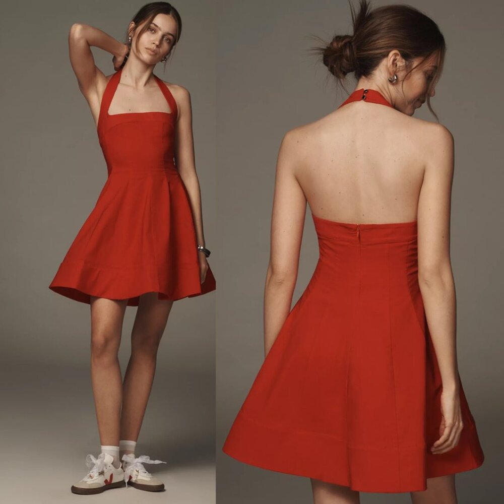 NEW Anthropologie Maeve Square-Neck Fit-and-Flare Mini Dress Red